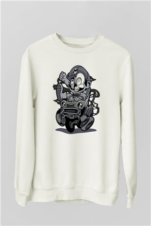 Car Racer Mario Baskılı Unisex Beyaz Sweatshirt