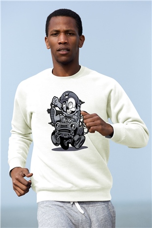 Car Racer Mario Baskılı Unisex Beyaz Sweatshirt