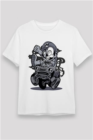Car Racer Mario Baskılı Unisex Beyaz Tişört