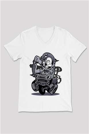 Car Racer Mario Baskılı Unisex Beyaz V Yaka Tişört