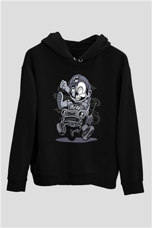 Car Racer Mario Baskılı Unisex Siyah Hoodie