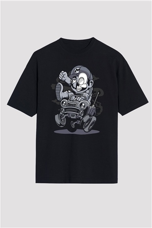 Car Racer Mario Baskılı Unisex Siyah Oversize Tişört