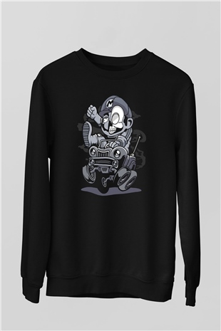 Car Racer Mario Baskılı Unisex Siyah Sweatshirt