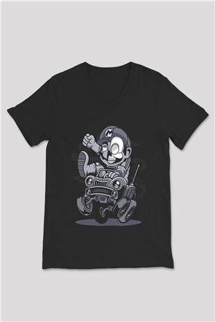 Car Racer Mario Baskılı Unisex Siyah V Yaka Tişört