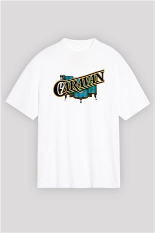 Caravan Baskılı Beyaz Unisex Oversize Tişört - Tshirt