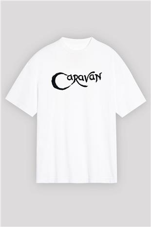 Caravan Baskılı Beyaz Unisex Oversize Tişört - Tshirt