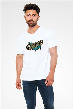 Caravan Baskılı Beyaz Unisex V Yaka Tişört - Tshirt