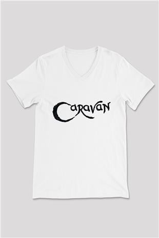 Caravan Baskılı Beyaz Unisex V Yaka Tişört - Tshirt