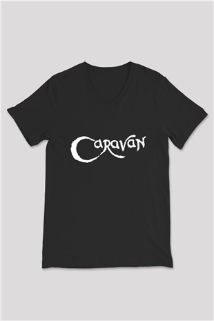 Caravan Baskılı Unisex Siyah V Yaka Tişört - Tshirt