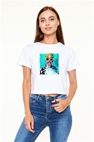 Cardi B Baskılı Beyaz Kadın Crop Top Tişört