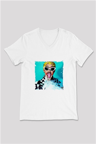 Cardi B Baskılı Beyaz V Yaka Unisex Tişört