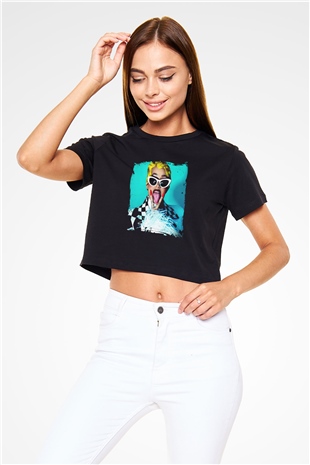 Cardi B Baskılı Crop Top Siyah Kadın Tişört