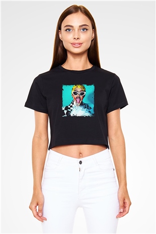 Cardi B Baskılı Crop Top Siyah Kadın Tişört