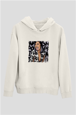 Cardi B Baskılı Unisex Beyaz Kapüşonlu Sweatshirt