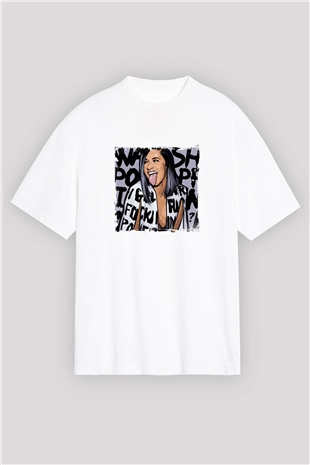 Cardi B Baskılı Oversize Beyaz Tişört