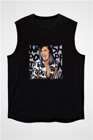 Cardi B Baskılı Unisex Siyah Kolsuz Tişört