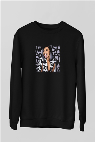 Cardi B Baskılı Unisex Siyah Sweatshirt