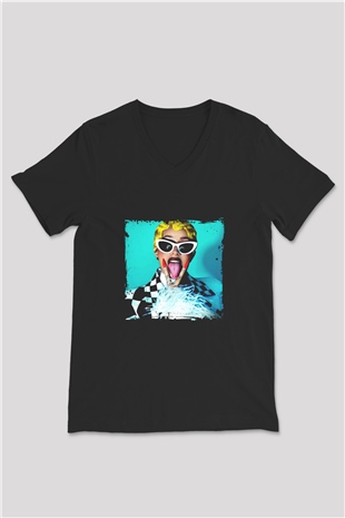 Cardi B Baskılı Unisex Siyah V Yaka Tişört
