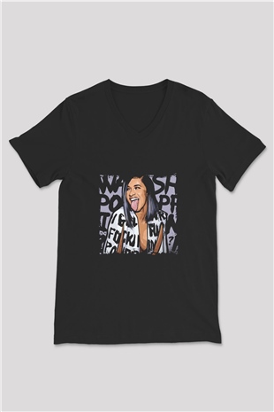Cardi B Baskılı Unisex Siyah V Yaka Tişört