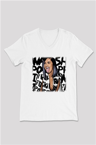 Cardi B Beyaz Unisex V Yaka Tişört T-Shirt