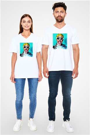 Cardi B Beyaz Unisex V Yaka Tişört T-Shirt