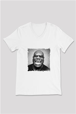 Carl Cox Baskılı Beyaz V Yaka Unisex Tişört