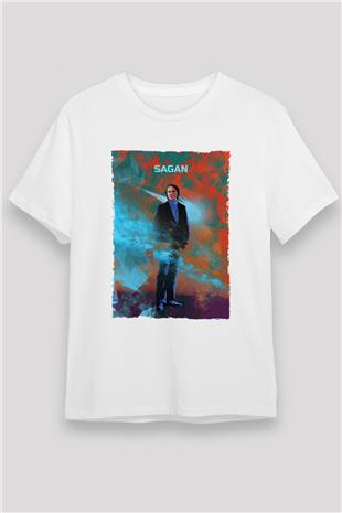 Carl Sagan Baskılı Unisex Beyaz Tişört - Tshirt