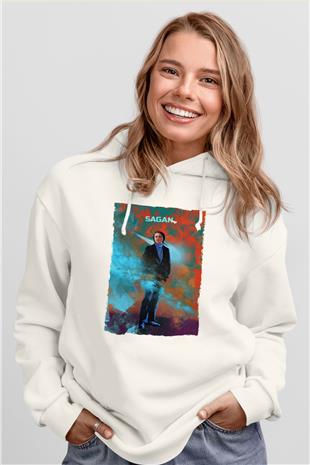 Carl Sagan Baskılı Unisex Ekru Hoodie