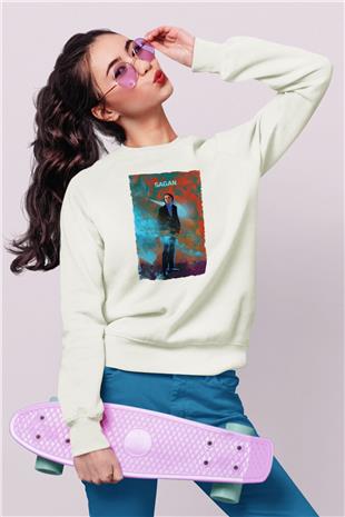 Carl Sagan Baskılı Unisex Ekru Sweatshirt