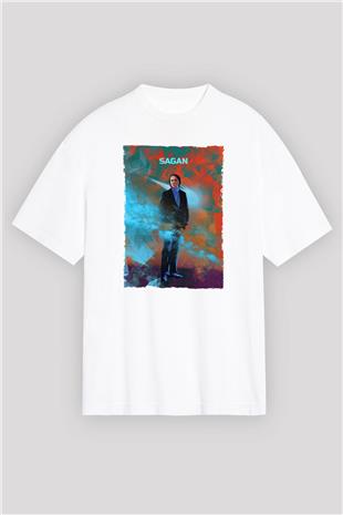 Carl Sagan Baskılı Unisex Oversize Beyaz Tişört - Tshirt