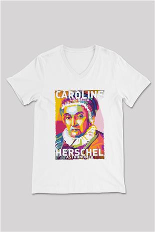 Caroline Lucretia Herschel Baskılı Unisex V Yaka Beyaz Tişört - Tshirt