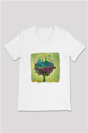 Carousel Kings Baskılı Unisex Beyaz V Yaka Tişört