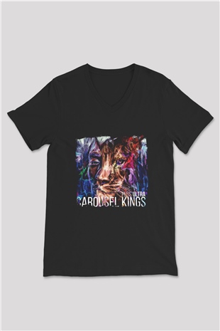 Carousel Kings Baskılı Unisex Siyah V Yaka Tişört