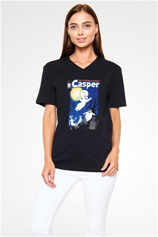 Casper the Friendly Ghost Siyah Unisex V Yaka Tişört