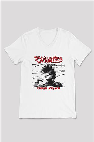 Casualties Baskılı Beyaz Unisex V Yaka Tişört - Tshirt