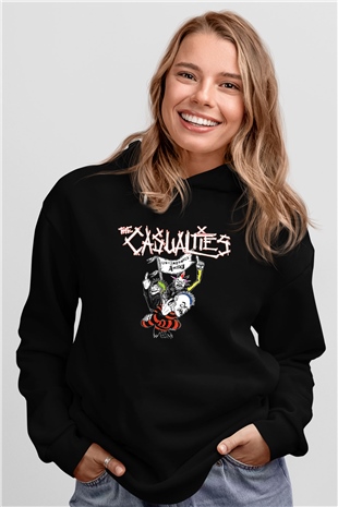 Casualties Baskılı Unisex Siyah Kapüşonlu Sweatshirt