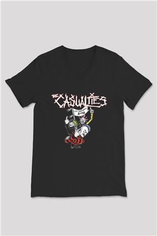 Casualties Baskılı Unisex Siyah V Yaka Tişört - Tshirt