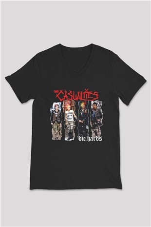 Casualties Baskılı Unisex Siyah V Yaka Tişört - Tshirt