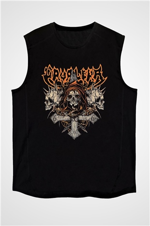 Cavalera Baskılı Unisex Siyah Kolsuz Tişört - Tshirt