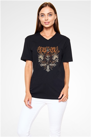 Cavalera Baskılı Unisex Siyah V Yaka Tişört - Tshirt