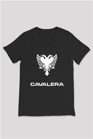 Cavalera Baskılı Unisex Siyah V Yaka Tişört - Tshirt
