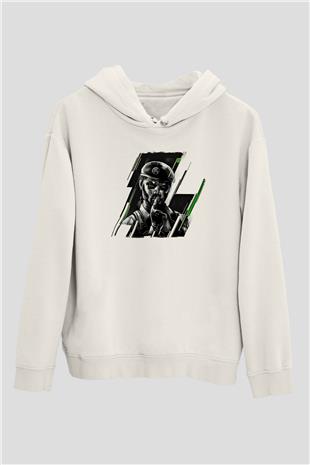Caveira Baskılı Beyaz Unisex Kapüşonlu Sweatshirt