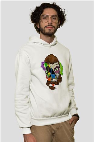 Caveira Baskılı Beyaz Unisex Kapüşonlu Sweatshirt