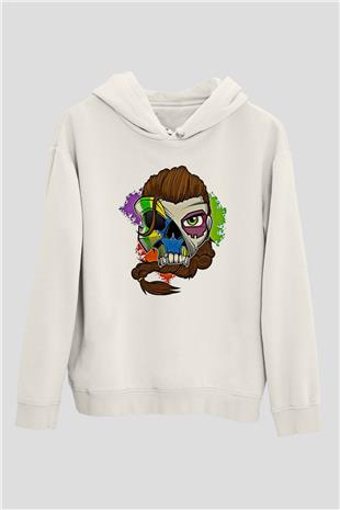 Caveira Baskılı Beyaz Unisex Kapüşonlu Sweatshirt