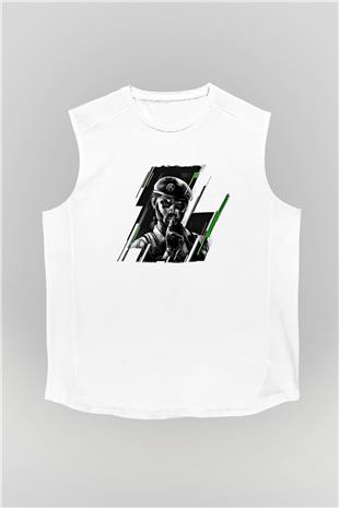 Caveira Baskılı Beyaz Unisex Kolsuz Tişört - Tshirt