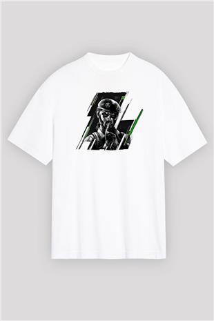 Caveira Baskılı Beyaz Unisex Oversize Tişört - Tshirt