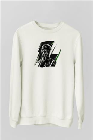 Caveira Baskılı Beyaz Unisex Sweatshirt