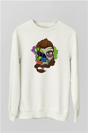 Caveira Baskılı Beyaz Unisex Sweatshirt