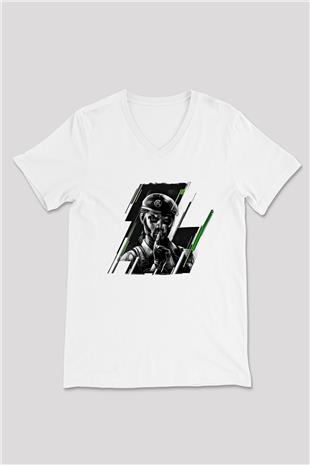 Caveira Baskılı Beyaz Unisex V Yaka Tişört - Tshirt