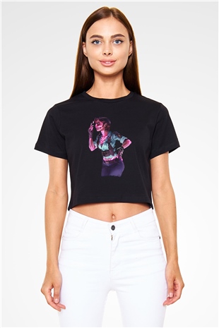 Caveira Baskılı Siyah Crop Top Kadın Tişört - Tshirt